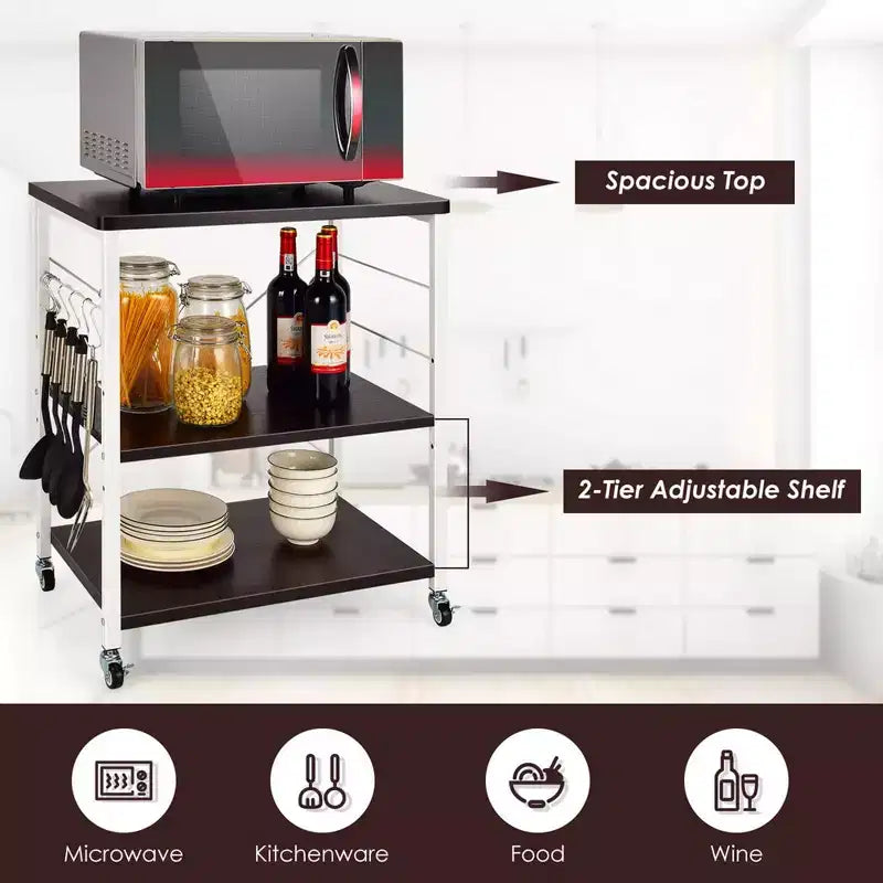 Étagère de Boulanger de Cuisine à 3 Niveaux Costway avec Chariot de Rangement pour Micro-ondes et Crochets