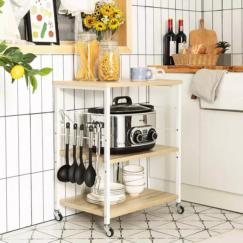 Étagère de Boulanger de Cuisine à 3 Niveaux Costway avec Chariot de Rangement pour Micro-ondes et Crochets