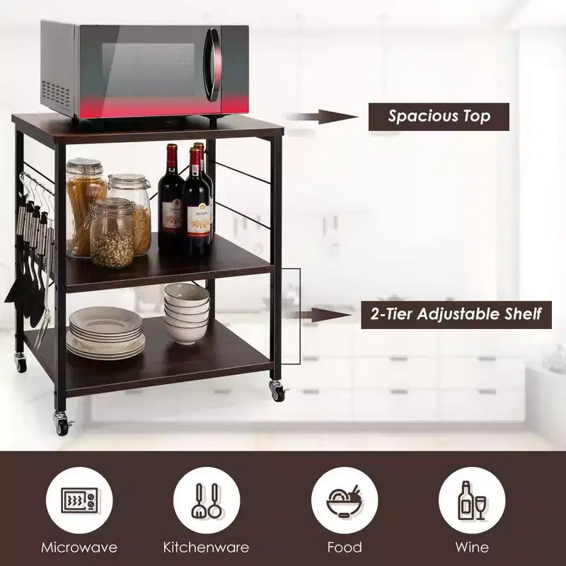 Étagère de Boulanger de Cuisine à 3 Niveaux Costway avec Chariot de Rangement pour Micro-ondes et Crochets