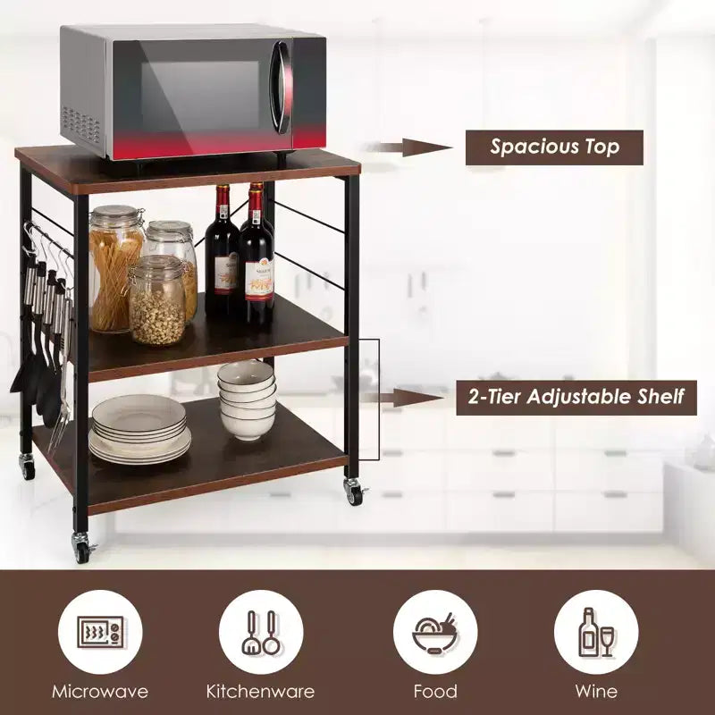Étagère de Boulanger de Cuisine à 3 Niveaux Costway avec Chariot de Rangement pour Micro-ondes et Crochets