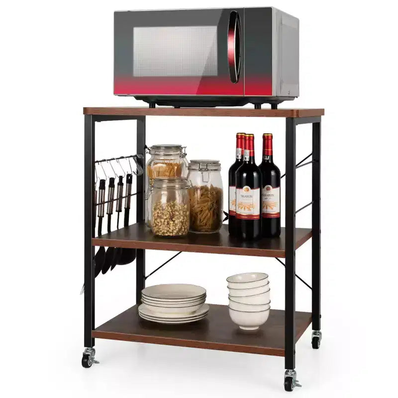 Étagère de Boulanger de Cuisine à 3 Niveaux Costway avec Chariot de Rangement pour Micro-ondes et Crochets