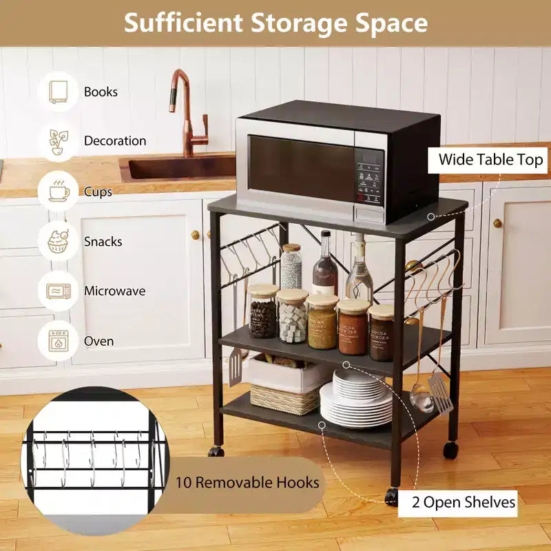 Étagère de Boulanger de Cuisine à 3 Niveaux Costway avec Chariot de Rangement pour Micro-ondes et Crochets