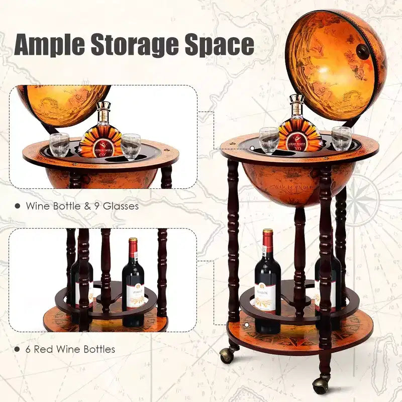 Costway Meuble Bar Globe Terrestre en Bois de 17,5" Style Italien du XVIe Siècle avec Casier à Bouteilles