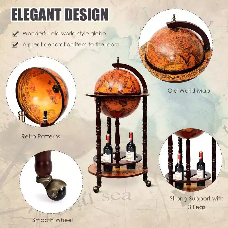 Costway Meuble Bar Globe Terrestre en Bois de 17,5" Style Italien du XVIe Siècle avec Casier à Bouteilles