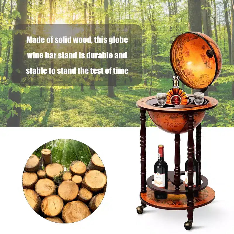 Costway Meuble Bar Globe Terrestre en Bois de 17,5" Style Italien du XVIe Siècle avec Casier à Bouteilles