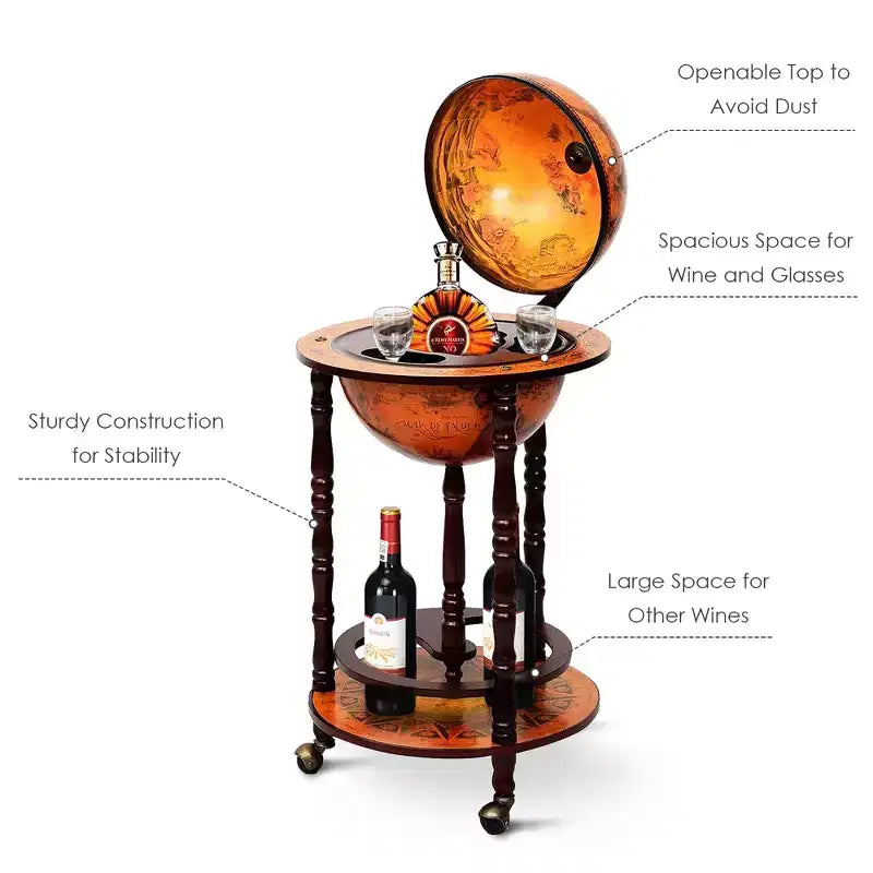 Costway Meuble Bar Globe Terrestre en Bois de 17,5" Style Italien du XVIe Siècle avec Casier à Bouteilles
