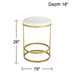 Tabouret de bar 55 Downing Street Palmer en métal doré, hauteur 66 cm, avec coussin rond en tissu blanc moderne et repose-pieds pour îlot de cuisine, comptoir de bar ou maison