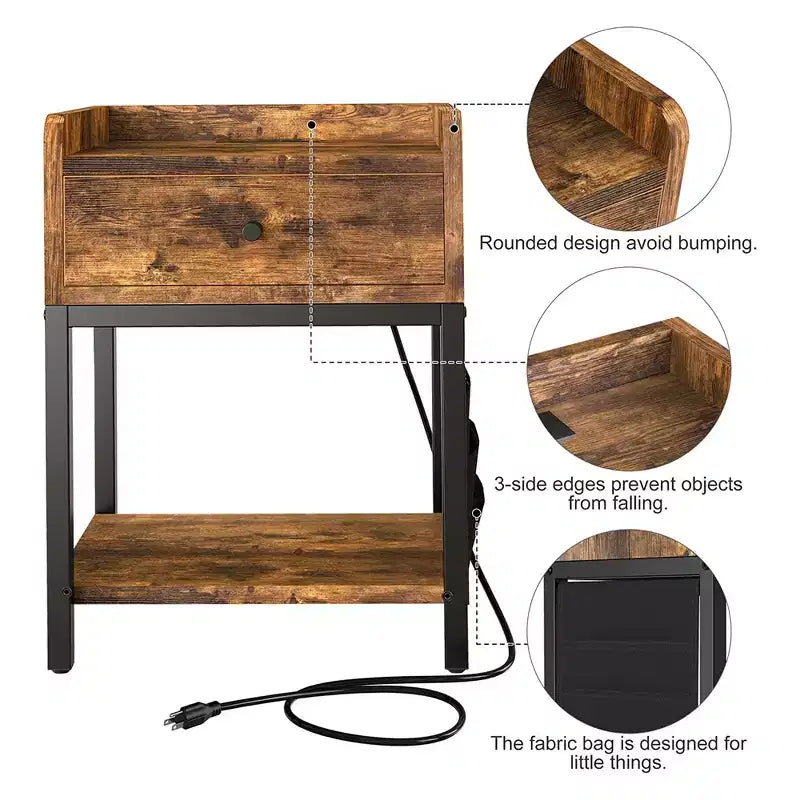 Table d'appoint et table de chevet FABATO avec station de charge USB et cordon d'alimentation pour salons et chambres, sac de rangement latéral inclus, marron rustique