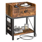 Table d'appoint et table de chevet FABATO avec station de charge USB et cordon d'alimentation pour salons et chambres, sac de rangement latéral inclus, marron rustique