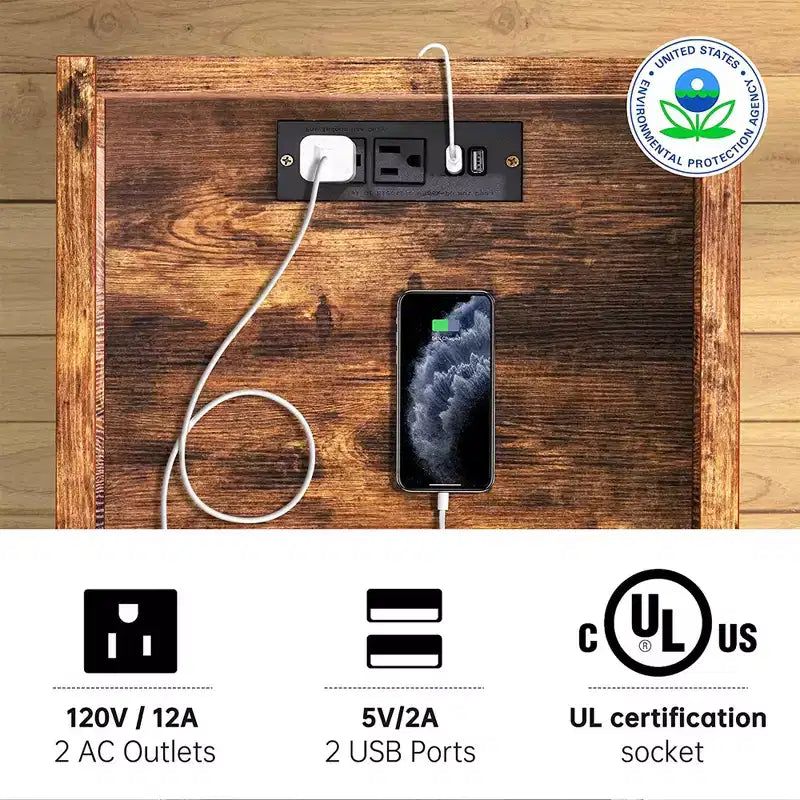Table d'appoint et table de chevet FABATO avec station de charge USB et cordon d'alimentation pour salons et chambres, sac de rangement latéral inclus, marron rustique