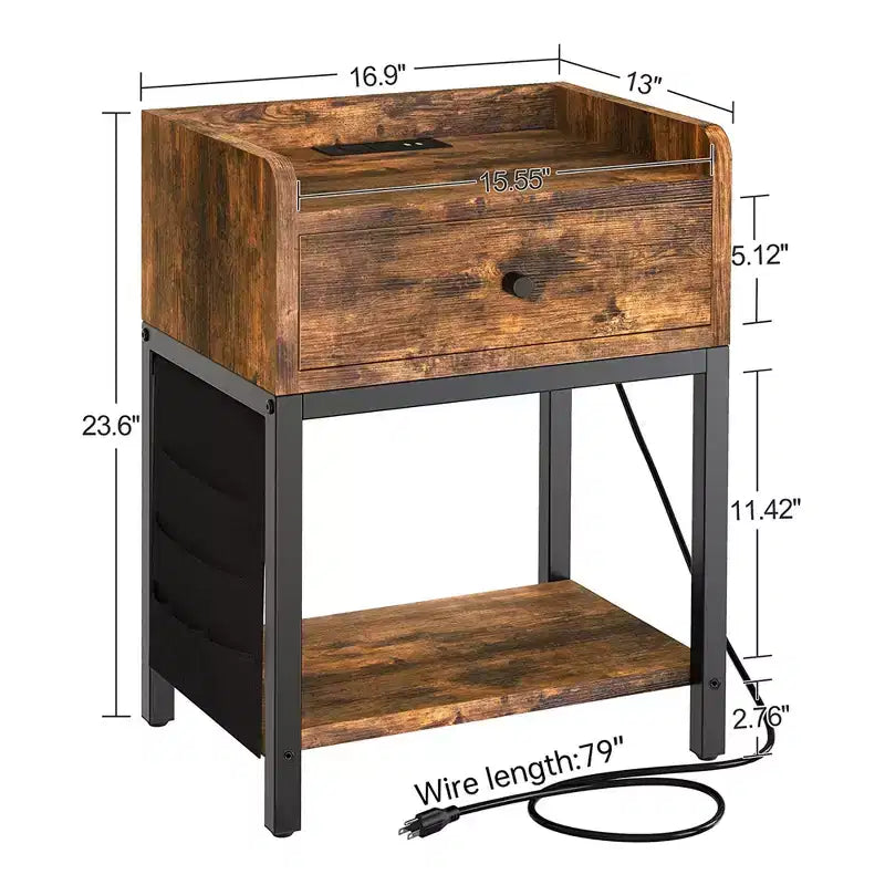 Table d'appoint et table de chevet FABATO avec station de charge USB et cordon d'alimentation pour salons et chambres, sac de rangement latéral inclus, marron rustique