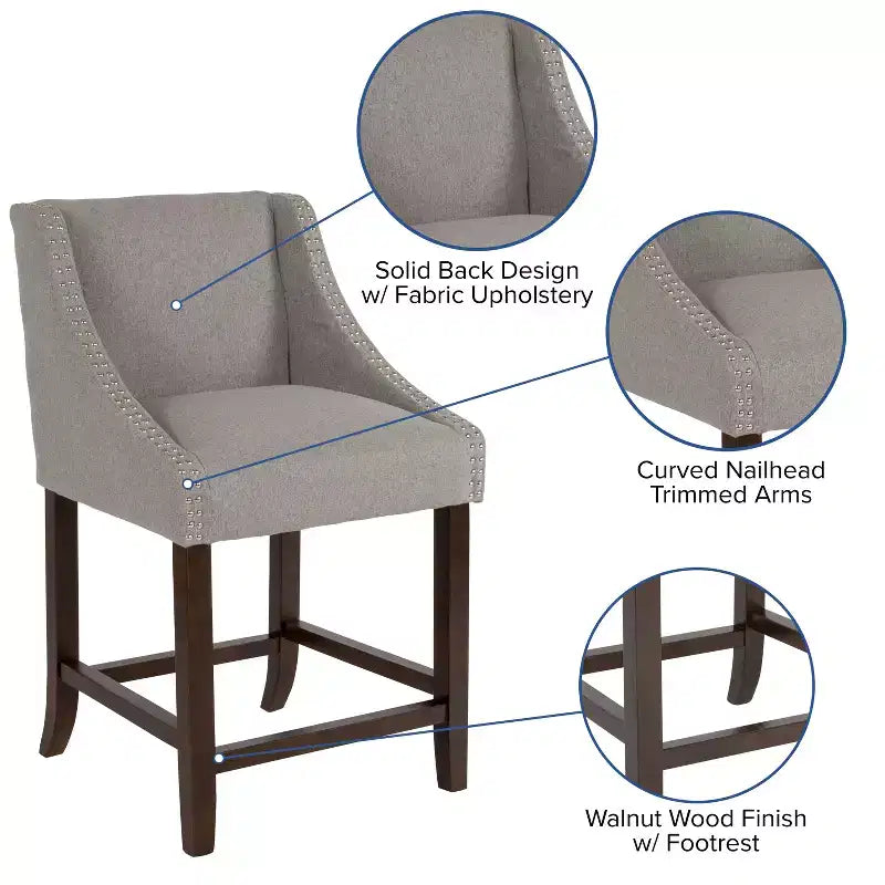 Emma et Oliver – Lot de 2 tabourets de comptoir de 61 cm, style transitionnel, noyer, avec garniture cloutée décorative.