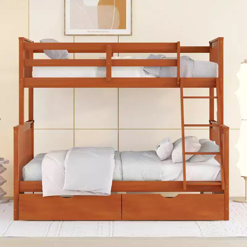 Lit superposé simple sur double avec échelle intégrée et tiroirs, cadre en bois de pin et MDF, convertible en deux lits - ModernLuxe
