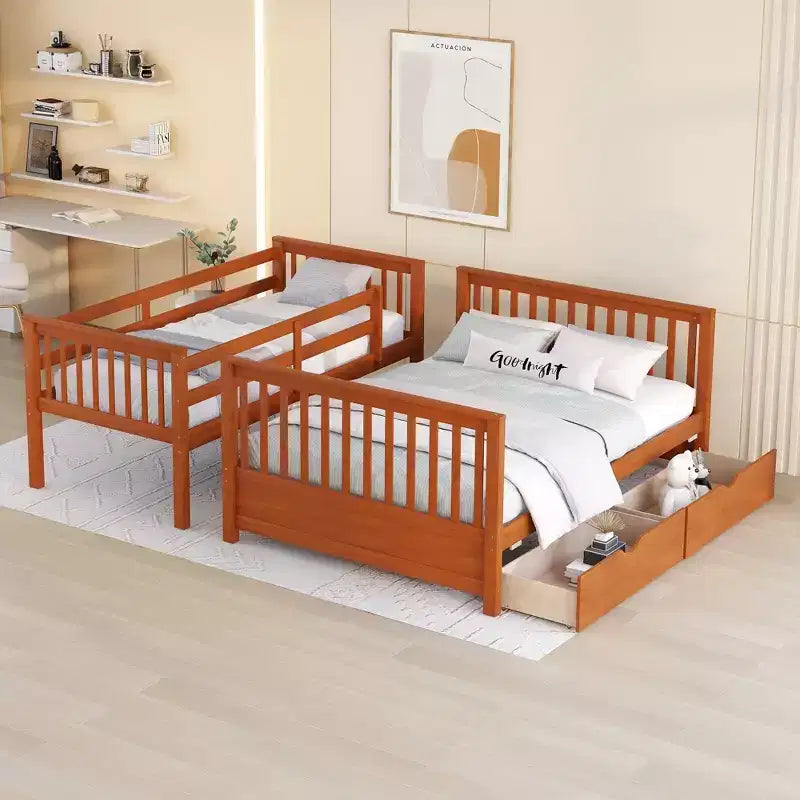 Lit superposé simple sur double avec échelle intégrée et tiroirs, cadre en bois de pin et MDF, convertible en deux lits - ModernLuxe