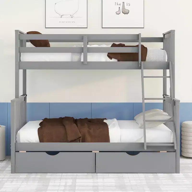 Lit superposé simple sur double avec échelle intégrée et tiroirs, cadre en bois de pin et MDF, convertible en deux lits - ModernLuxe