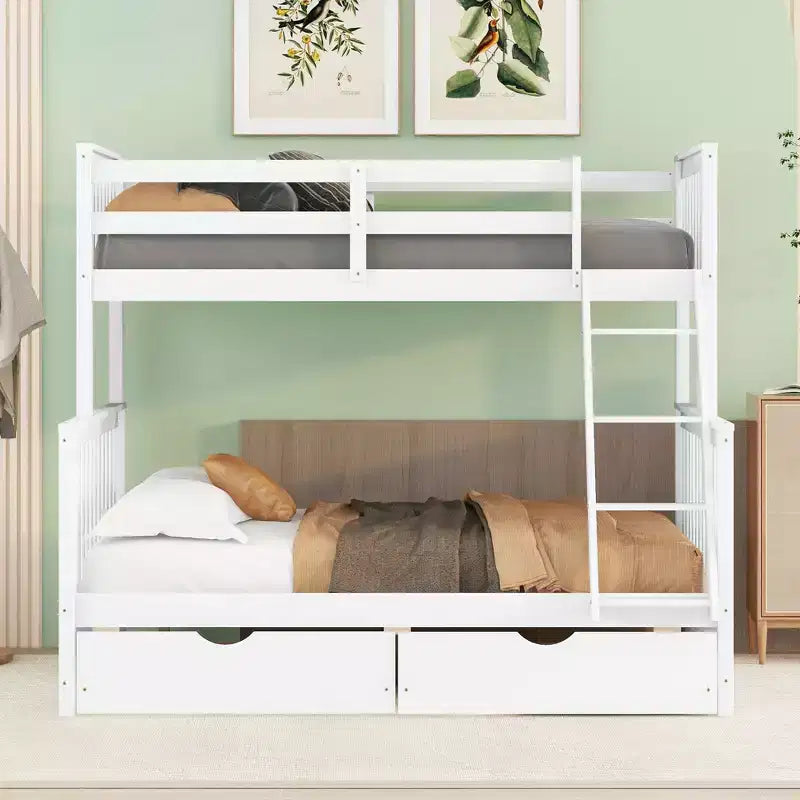 Lit superposé simple sur double avec échelle intégrée et tiroirs, cadre en bois de pin et MDF, convertible en deux lits - ModernLuxe