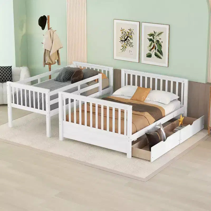 Lit superposé simple sur double avec échelle intégrée et tiroirs, cadre en bois de pin et MDF, convertible en deux lits - ModernLuxe