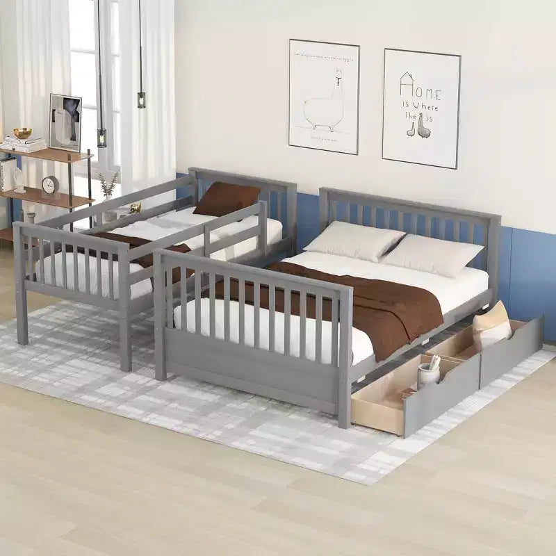 Lit superposé simple sur double avec échelle intégrée et tiroirs, cadre en bois de pin et MDF, convertible en deux lits - ModernLuxe