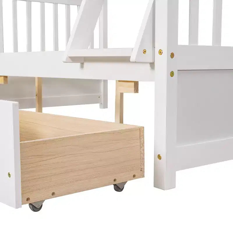 Lit superposé simple sur double avec échelle intégrée et tiroirs, cadre en bois de pin et MDF, convertible en deux lits - ModernLuxe