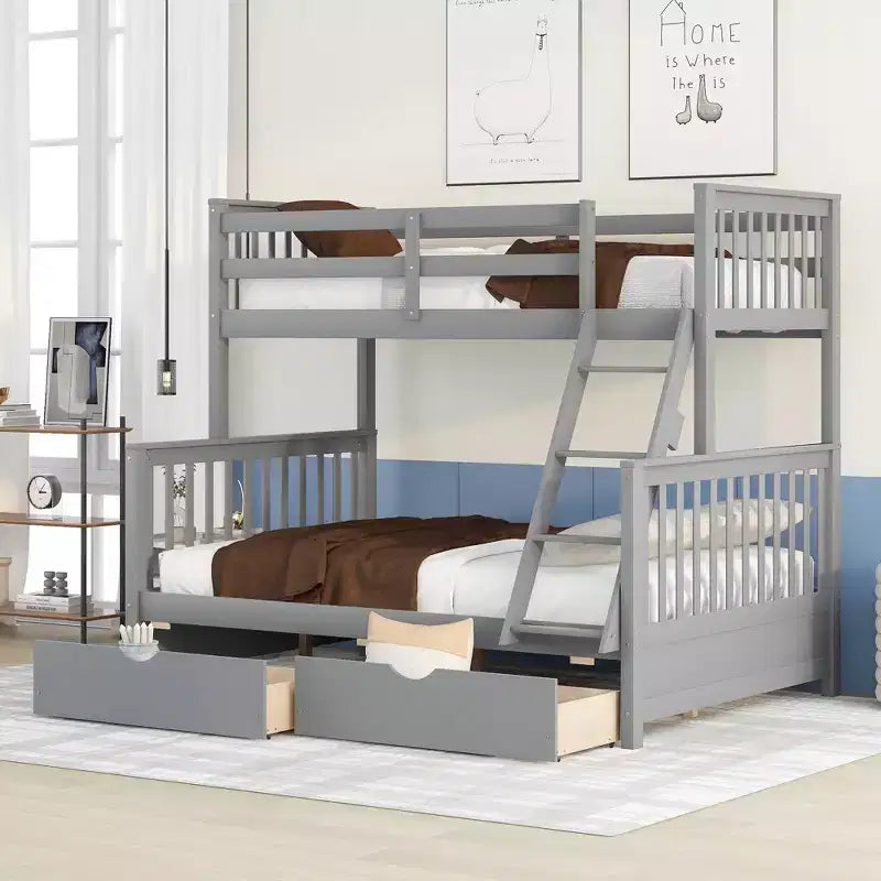 Twin over Full Bunk Bed with Built-in Ladder & Drawers, Pine Wood & MDF Bed Frame, Convertible into Two Beds - ModernLuxe