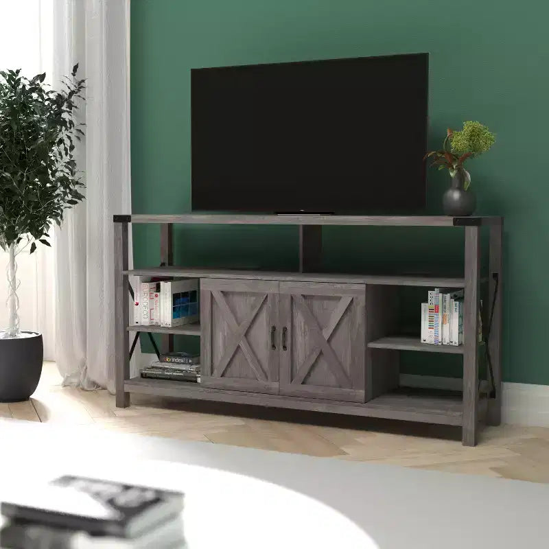 Emma and Oliver Modern Rustic Farmhouse Media Console Cabinet with Spacious Open and Closed Storage