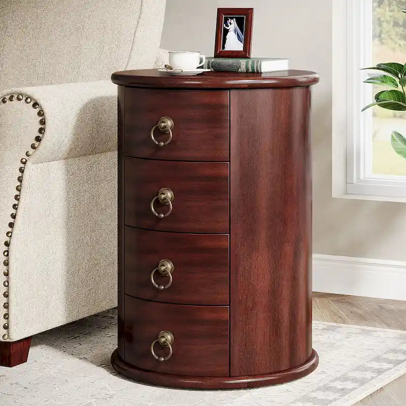 No Assembly Solid Wood End Table, Vintage Round Side Drawers Table