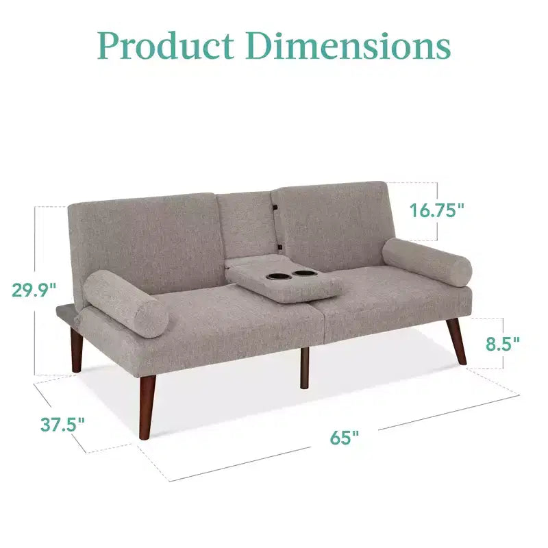 Canapé-lit convertible en tissu avec accoudoirs arrondis, pieds en bois et 2 porte-gobelets Best Choice Products