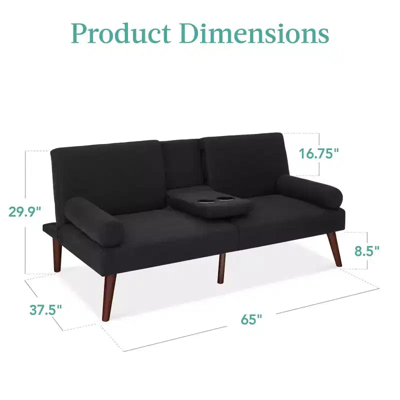Canapé-lit convertible en tissu avec accoudoirs arrondis, pieds en bois et 2 porte-gobelets Best Choice Products