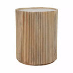 Decorative Ribbed Wooden Side Table with Marble Top and Storage - Small Home Decor Table Stand for Bedroom or Living Room Decor