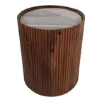 Decorative Ribbed Wooden Side Table with Marble Top and Storage - Small Home Decor Table Stand for Bedroom or Living Room Decor