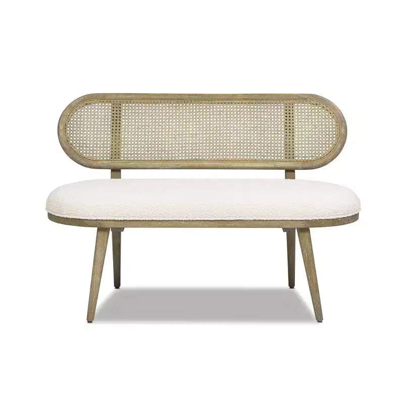 Havana 42 Cane Rattan Upholstered Bench Settee, Ivory White Boucle