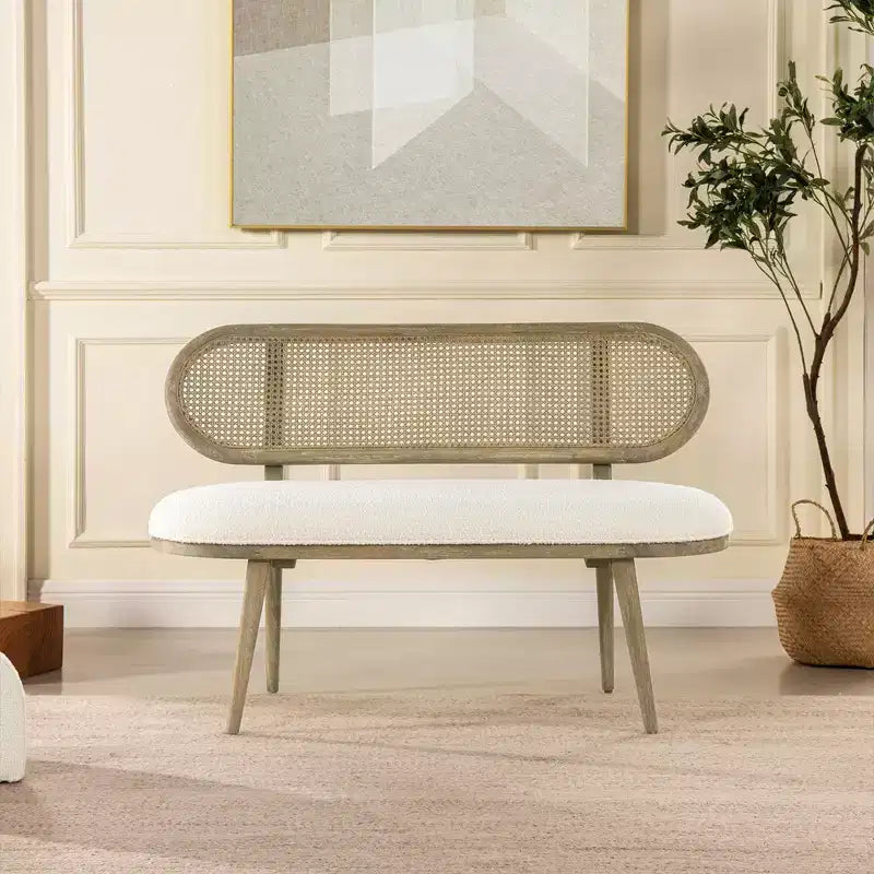 Banquette canapé rembourrée Havana 42 en rotin de canne, bouclé blanc ivoire