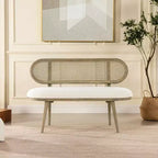 Banquette canapé rembourrée Havana 42 en rotin de canne, bouclé blanc ivoire