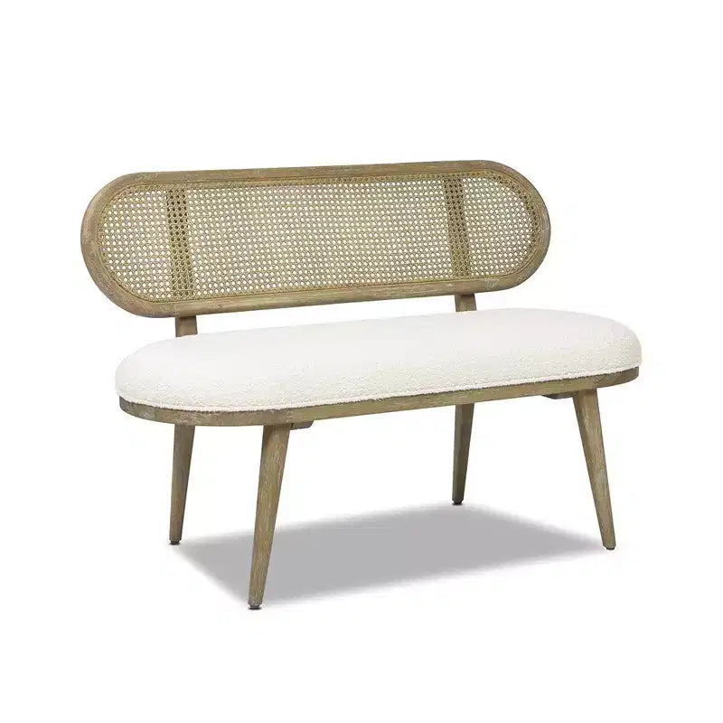Banquette canapé rembourrée Havana 42 en rotin de canne, bouclé blanc ivoire