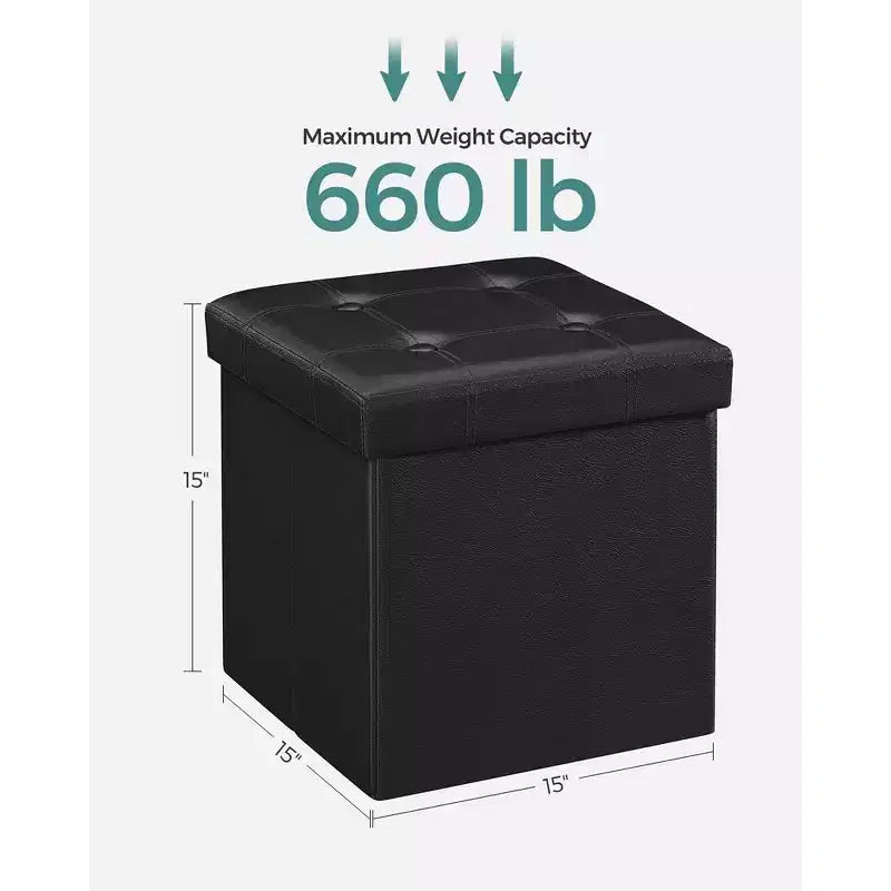 SONGMICS Pouf de rangement pliable de 38 cm, Repose-pieds cubique, Table basse avec poignées à trous, Similicuir