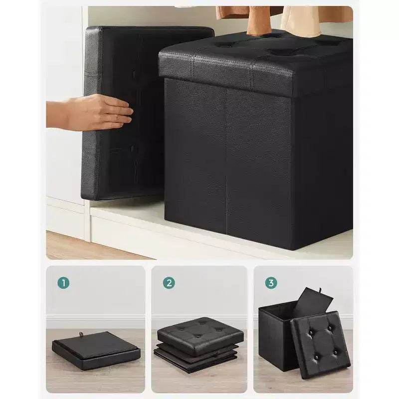 SONGMICS Pouf de rangement pliable de 38 cm, Repose-pieds cubique, Table basse avec poignées à trous, Similicuir