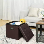 SONGMICS Pouf de rangement pliable de 38 cm, Repose-pieds cubique, Table basse avec poignées à trous, Similicuir