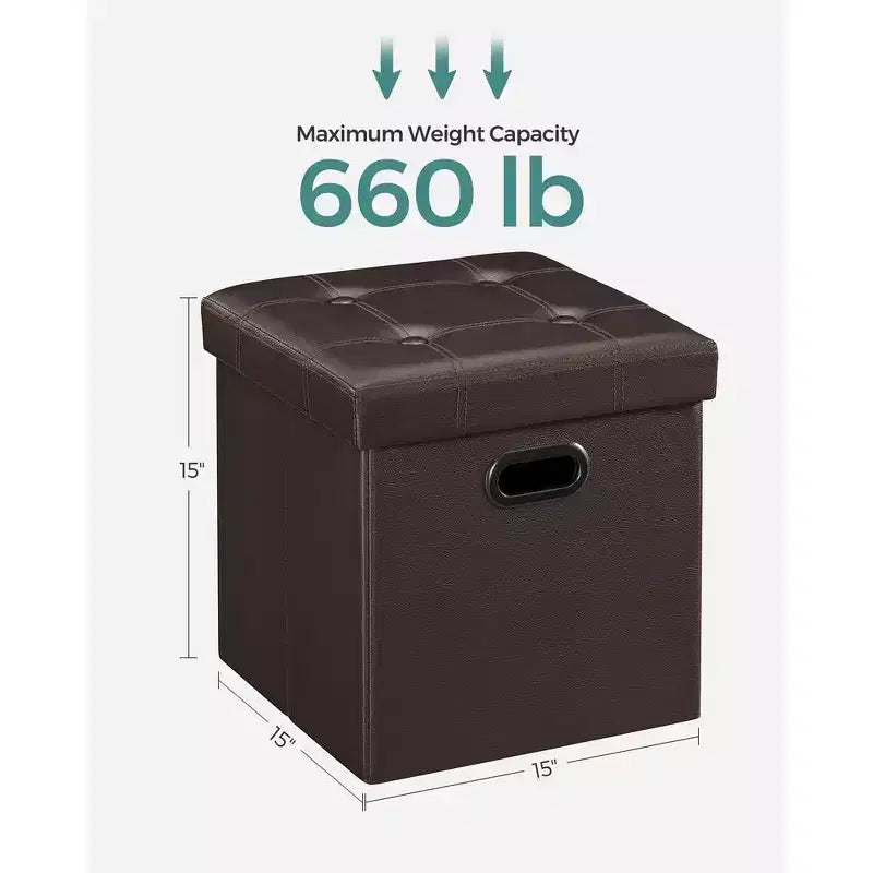 SONGMICS Pouf de rangement pliable de 38 cm, Repose-pieds cubique, Table basse avec poignées à trous, Similicuir