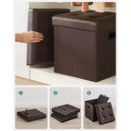 SONGMICS Pouf de rangement pliable de 38 cm, Repose-pieds cubique, Table basse avec poignées à trous, Similicuir