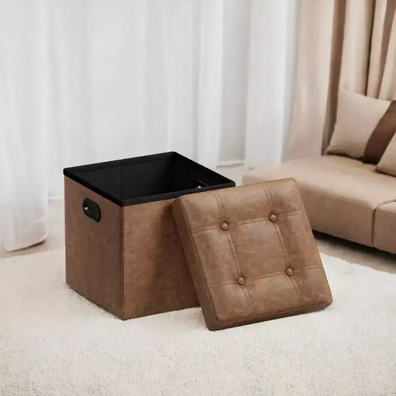 SONGMICS Pouf de rangement pliable de 38 cm, Repose-pieds cubique, Table basse avec poignées à trous, Similicuir