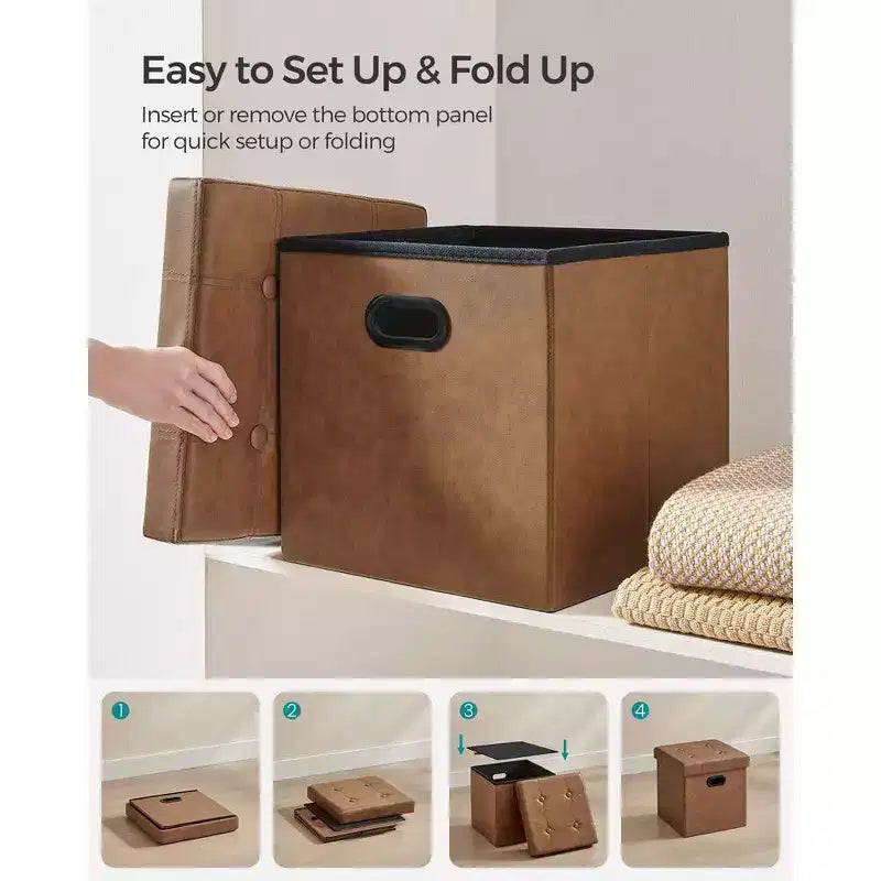 SONGMICS Pouf de rangement pliable de 38 cm, Repose-pieds cubique, Table basse avec poignées à trous, Similicuir
