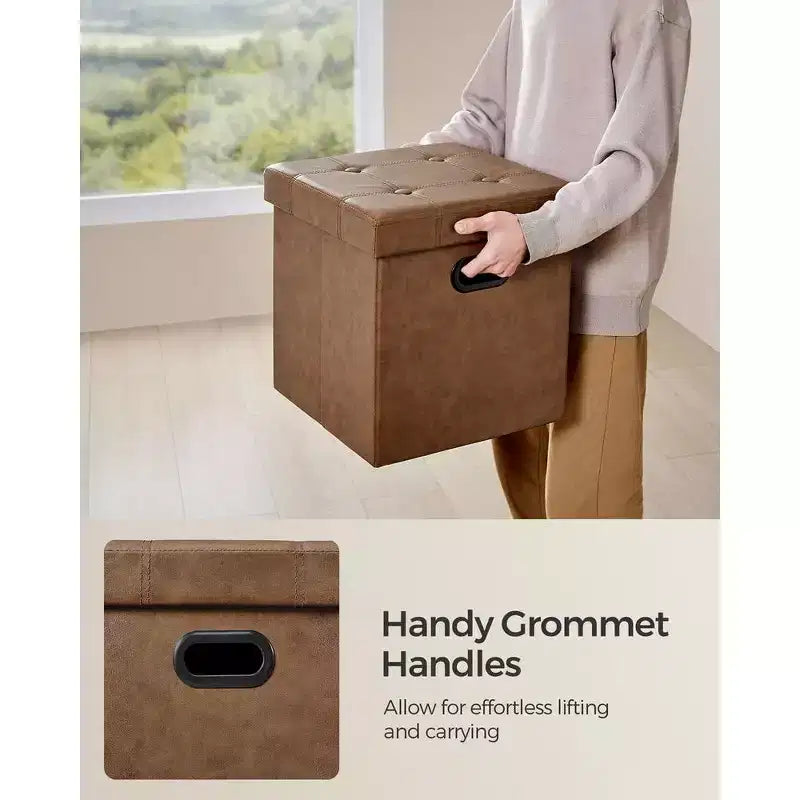 SONGMICS Pouf de rangement pliable de 38 cm, Repose-pieds cubique, Table basse avec poignées à trous, Similicuir