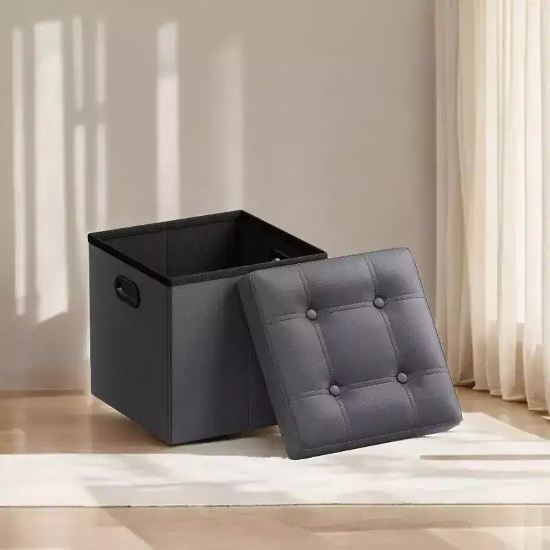 SONGMICS Pouf de rangement pliable de 38 cm, Repose-pieds cubique, Table basse avec poignées à trous, Similicuir