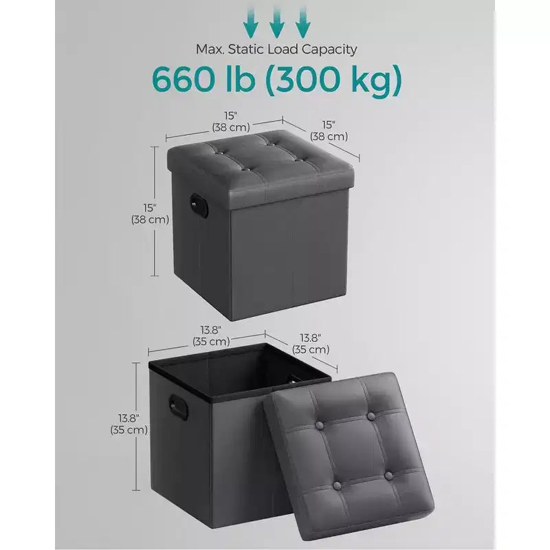 SONGMICS Pouf de rangement pliable de 38 cm, Repose-pieds cubique, Table basse avec poignées à trous, Similicuir
