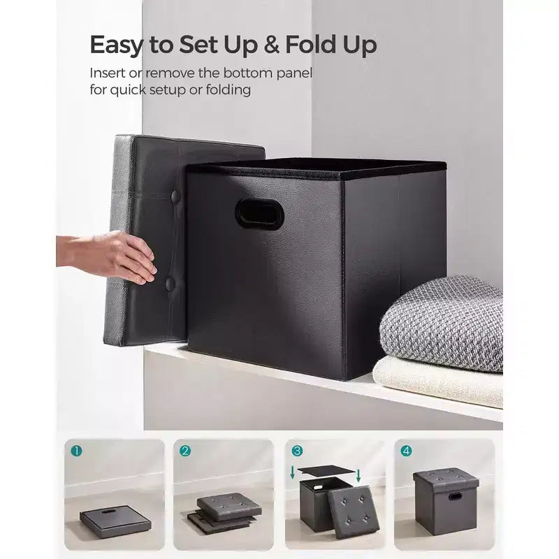 SONGMICS Pouf de rangement pliable de 38 cm, Repose-pieds cubique, Table basse avec poignées à trous, Similicuir