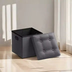 SONGMICS Pouf de rangement pliable de 38 cm, Repose-pieds cubique, Table basse avec poignées à trous, Similicuir