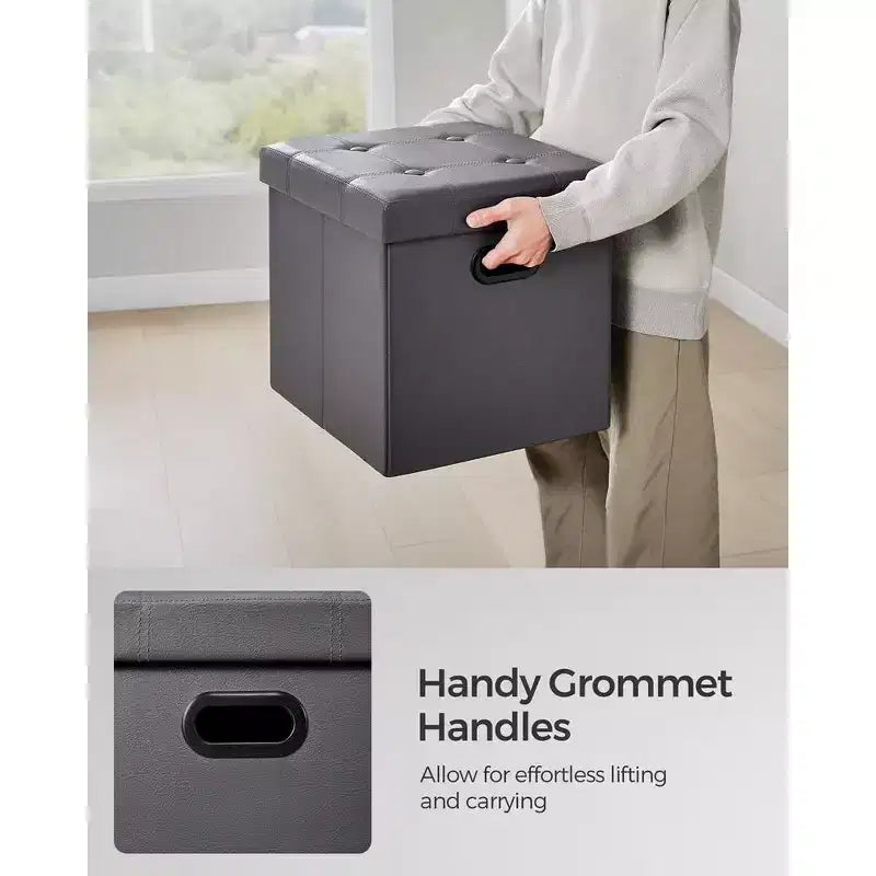 SONGMICS Pouf de rangement pliable de 38 cm, Repose-pieds cubique, Table basse avec poignées à trous, Similicuir