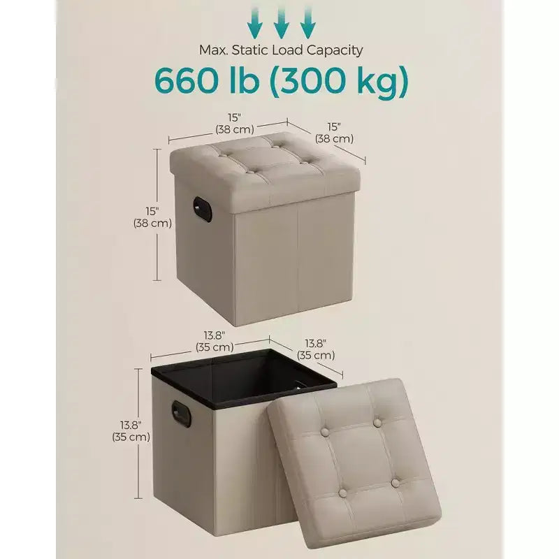 SONGMICS Pouf de rangement pliable de 38 cm, Repose-pieds cubique, Table basse avec poignées à trous, Similicuir