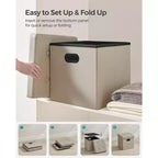 SONGMICS Pouf de rangement pliable de 38 cm, Repose-pieds cubique, Table basse avec poignées à trous, Similicuir