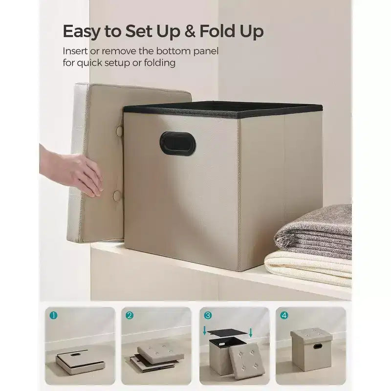 SONGMICS Pouf de rangement pliable de 38 cm, Repose-pieds cubique, Table basse avec poignées à trous, Similicuir